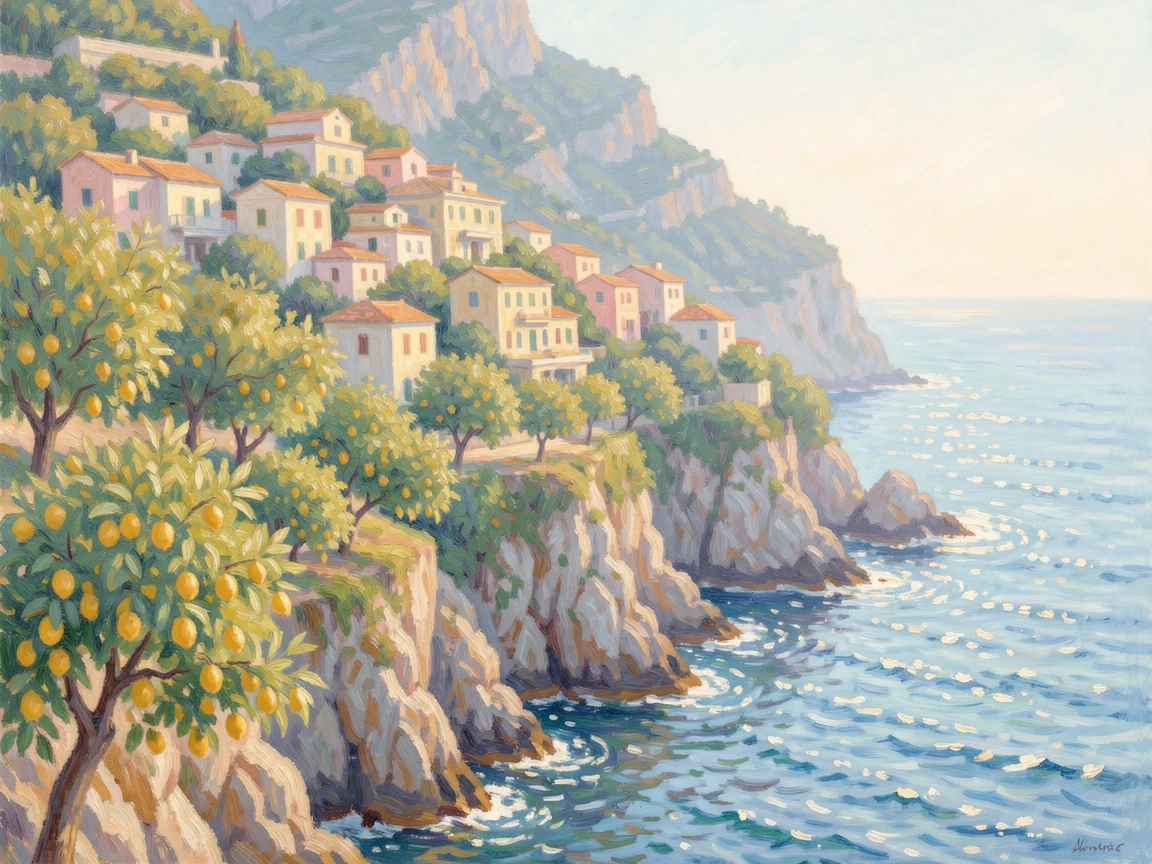 A cliffside village in the Amalfi coast, lemon groves cascading down toward a sparkling blue sea.