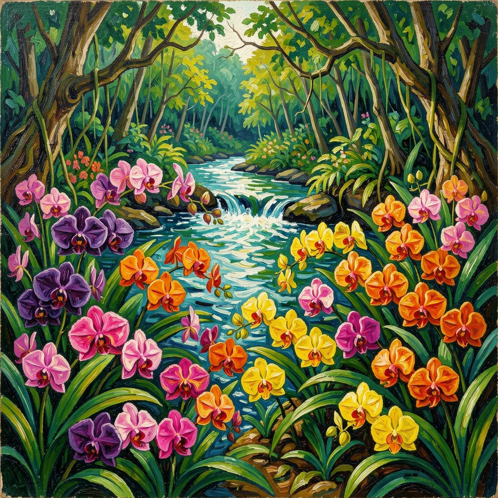 A field of wild orchids growing along a jungle riverbank.