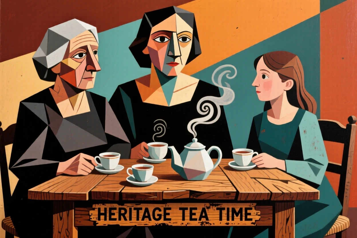 Three generations of women sharing tea and stories around a rustic wooden table.