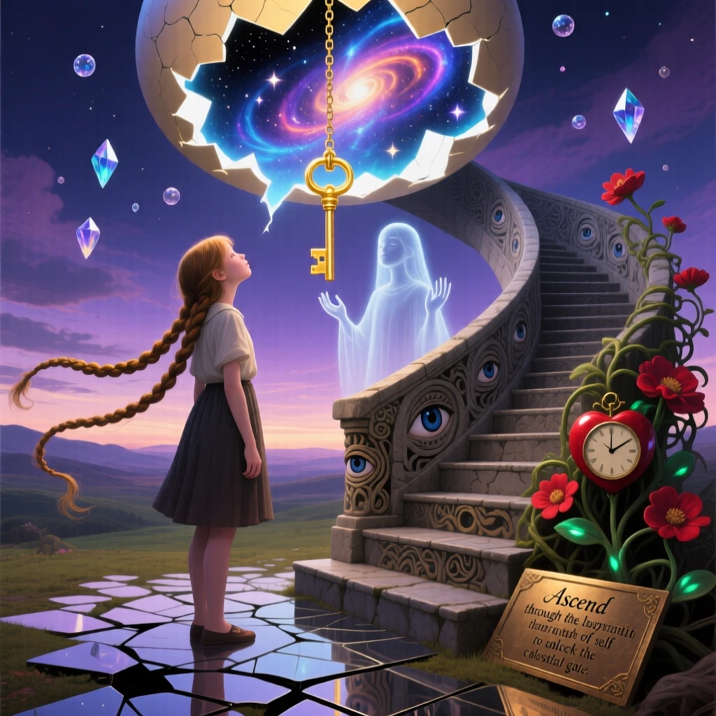 A girl whose braided hair becomes a winding staircase gazes upward at a sky splitting open like an eggshell, while a second, ghostly version of them lingers behind.