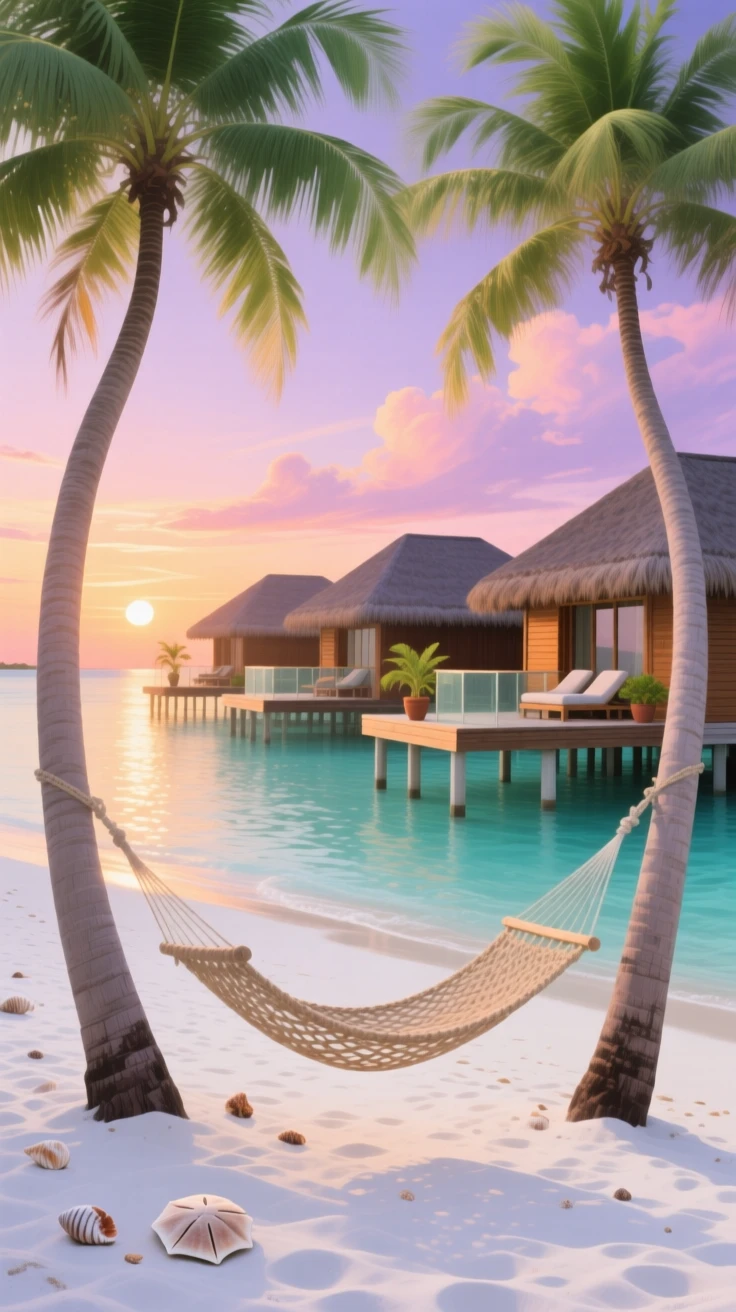 A pristine white-sand beach in the Maldives shows overwater bungalows on stilts above turquoise water, a hammock swaying between two palm trees in the foreground, quiet, unremarkable details on the ground grounding the scene in a specific place and moment.