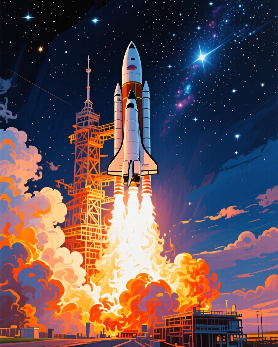 A rocket launch at night, brilliant flames illuminating clouds of steam against a starry sky