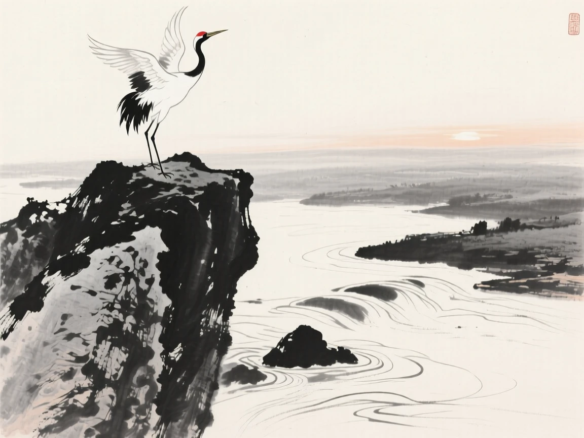 A crane stretches its wings on a rocky outcrop above a river, under the soft light of early morning.