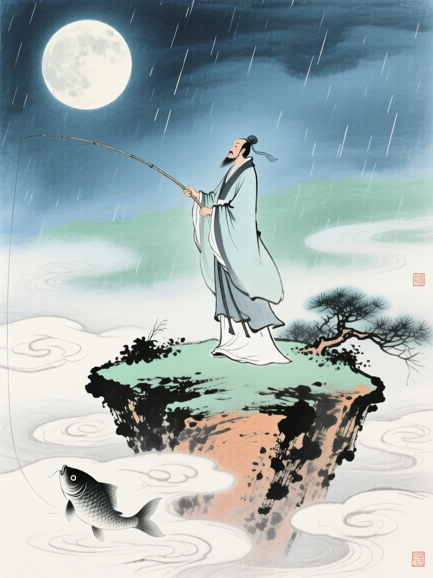 An immortal fisherman casting a line from a floating island in the clouds, in a gentle drizzle, under a full moon.