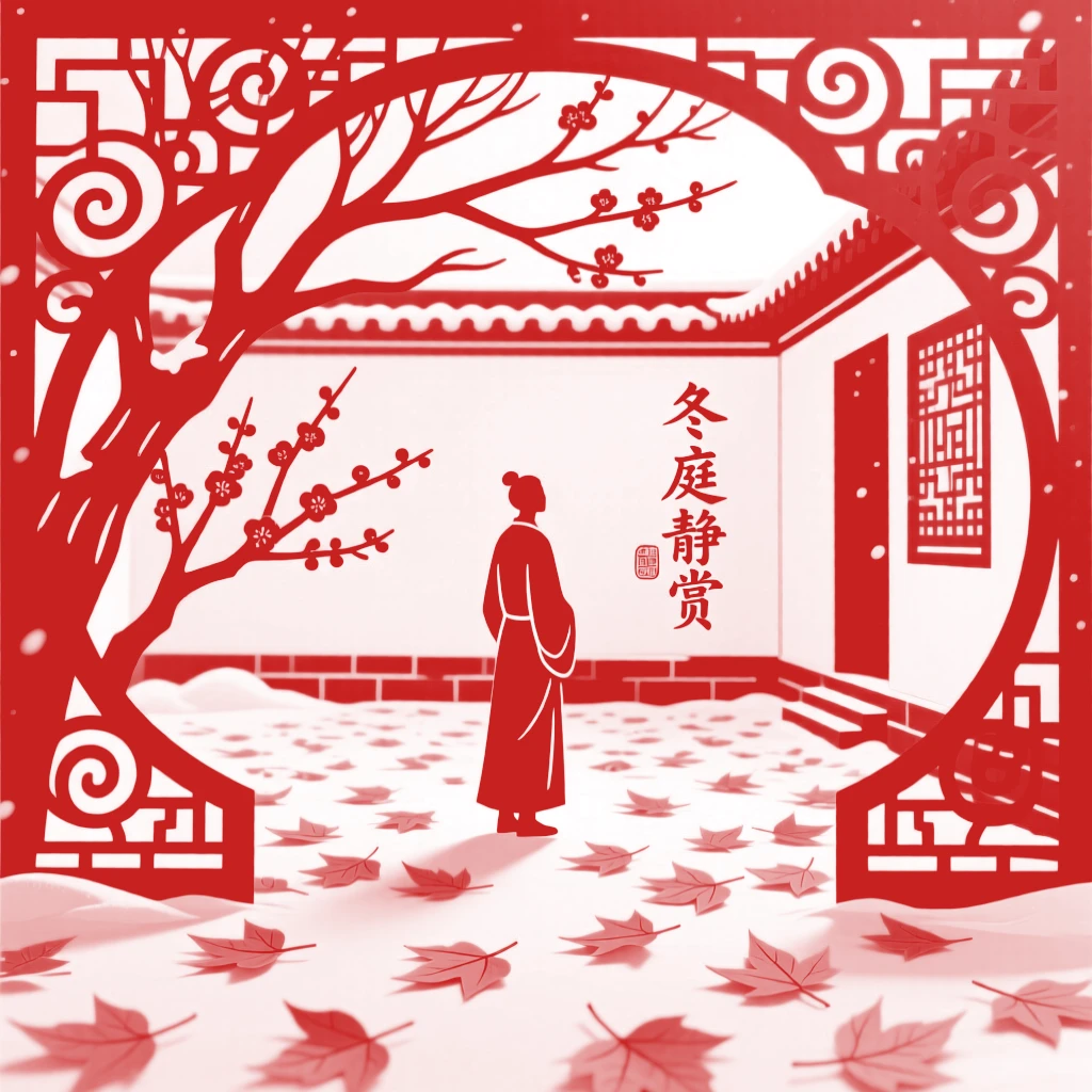 A Winter scene of a courtyard filled with golden fallen leaves, a lone figure pausing to take in the view.