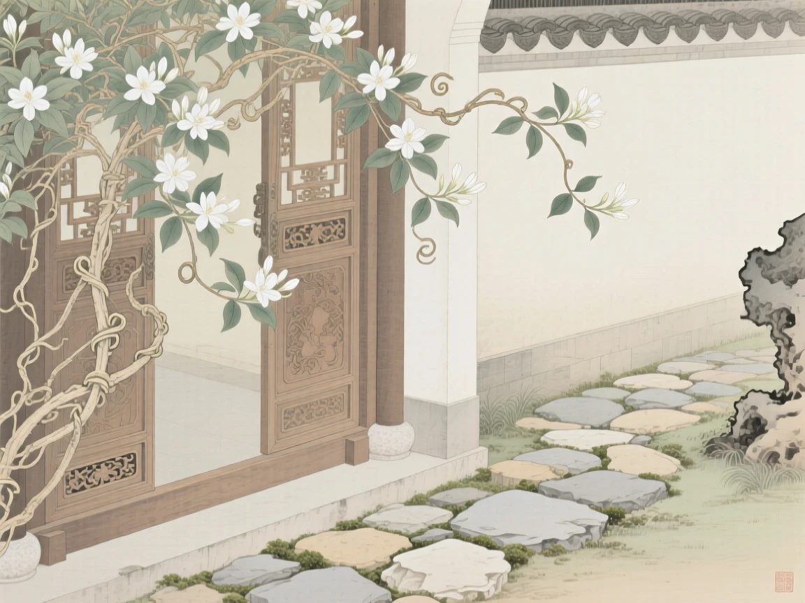 Jasmine vines wrapped around a garden gate beside a winding stone path