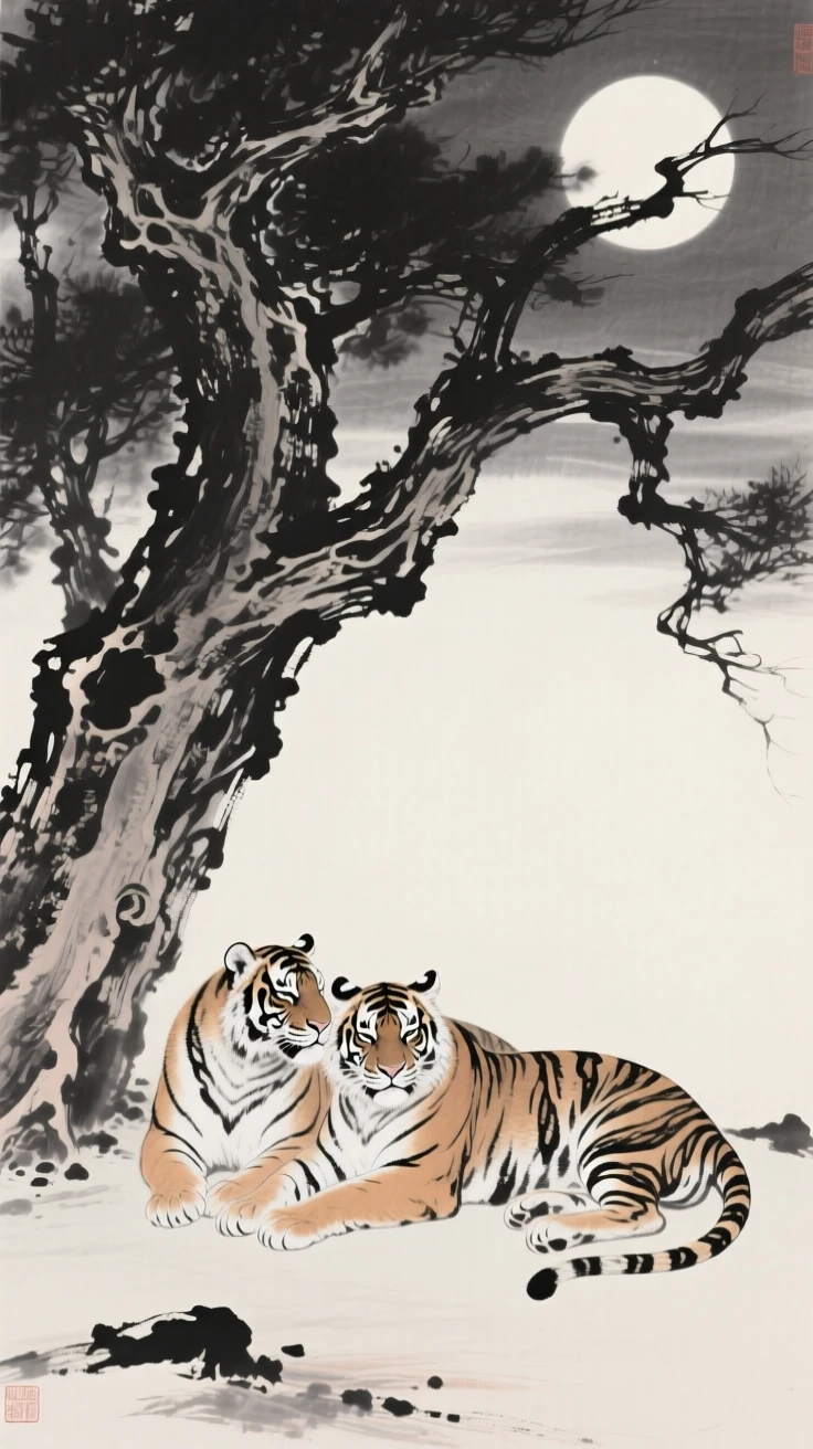 A pair of tigers resting beneath a gnarled old tree in a moonlit clearing, framed low to the ground for an intimate, close perspective, evoking the gentle rhythm of the natural world.