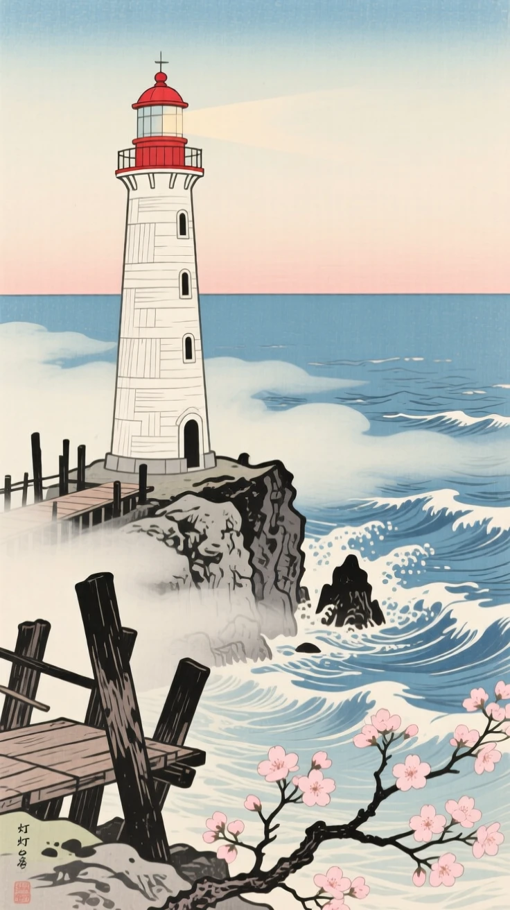 A lighthouse on a stony point beside weathered wooden piers, as fog rolls in from the sea.