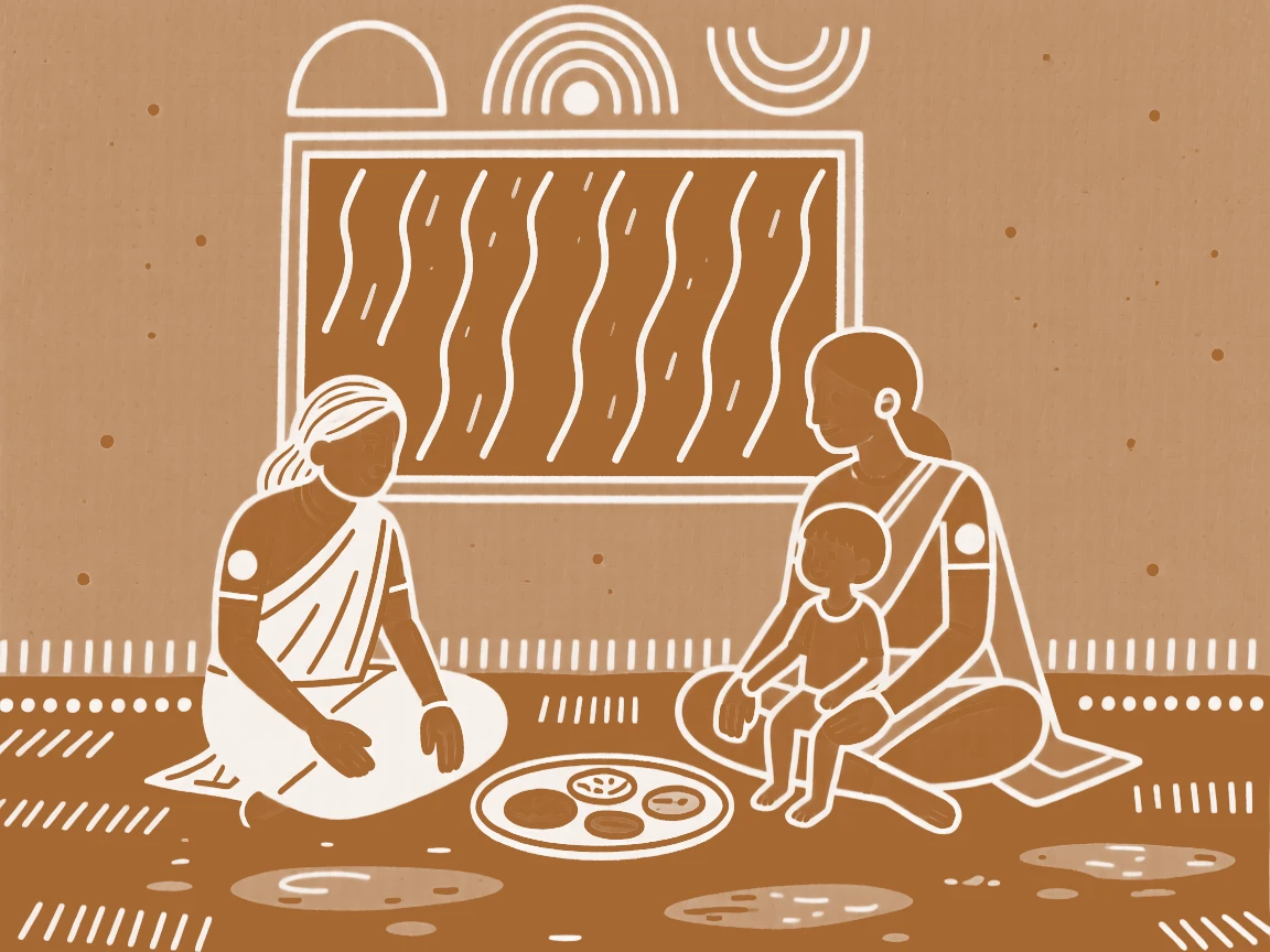 Three generations of one family sharing a quiet meal together by a window during the monsoon.