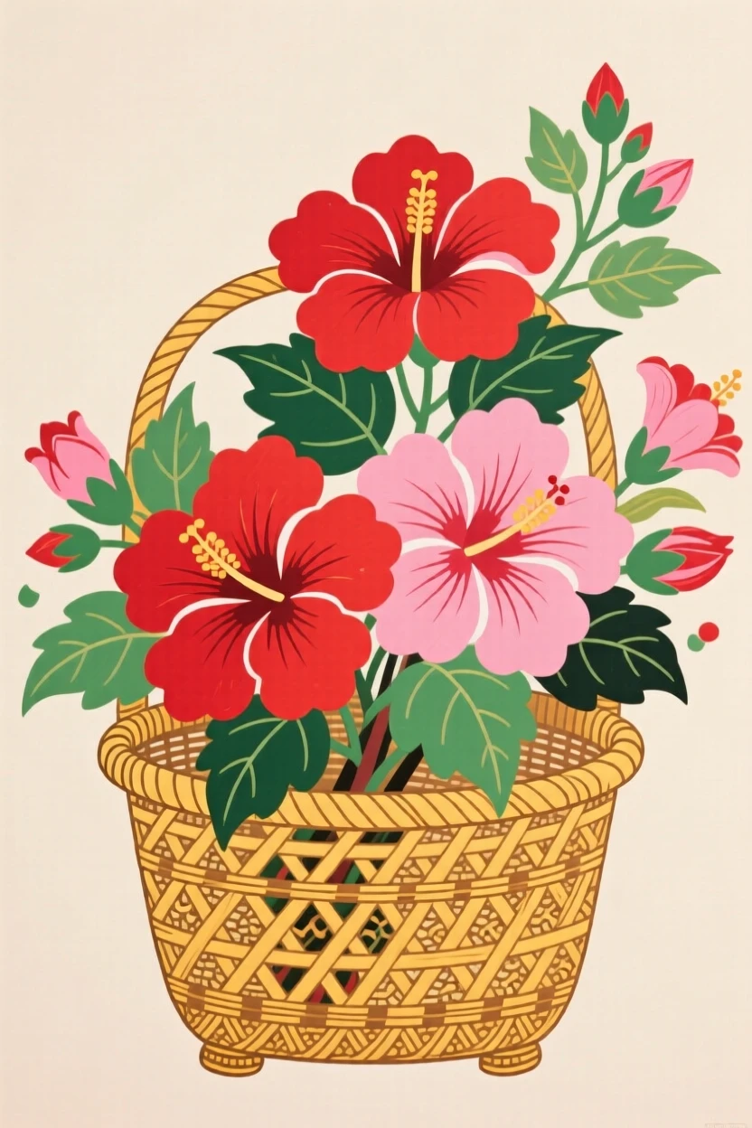 A still arrangement of hibiscus flowers in bright bloom in a woven bamboo basket.