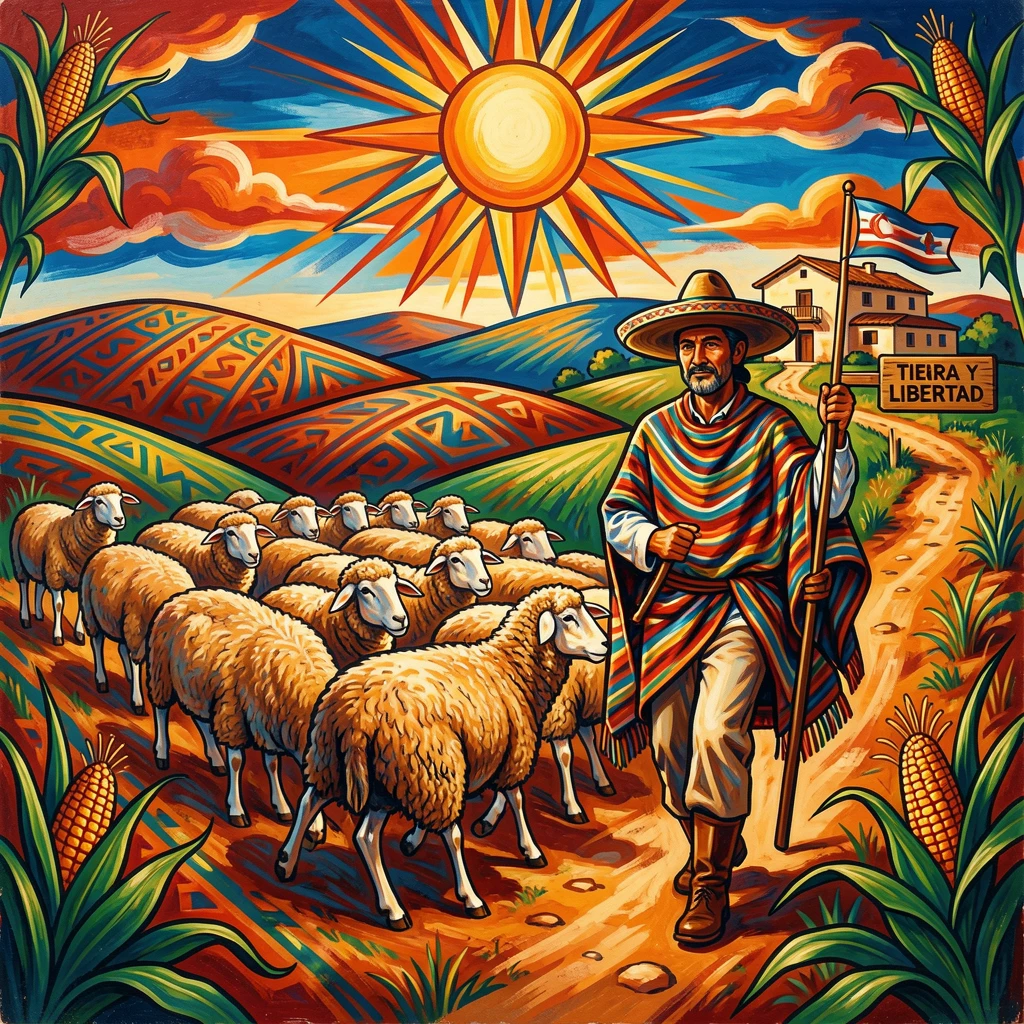 A shepherd guiding a flock of sheep across rolling hills