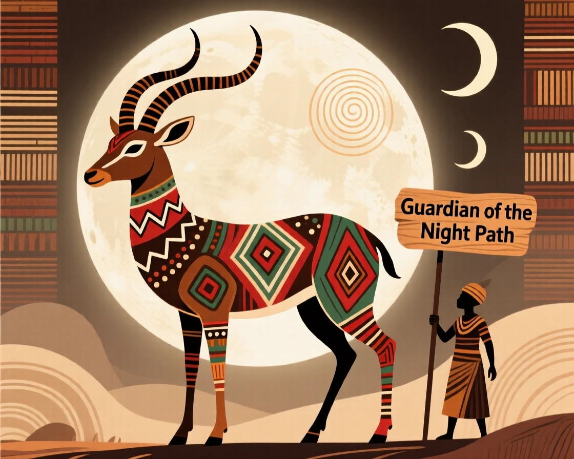 A mythical horned antelope appearing to travelers beneath a full moon.