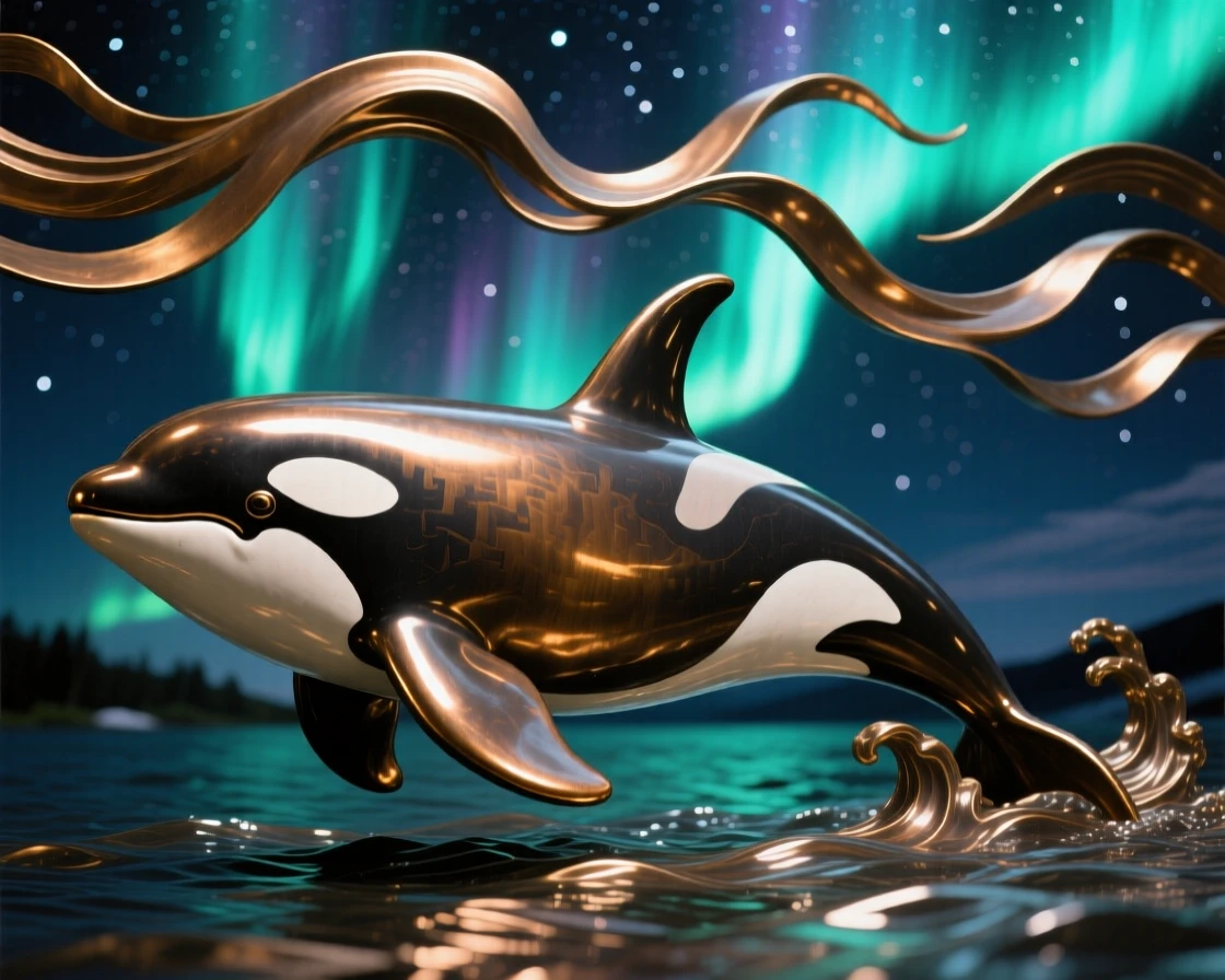 A majestic orca gliding beneath the northern lights, with fine, lifelike detail in fur and feather, evoking wonder and majesty