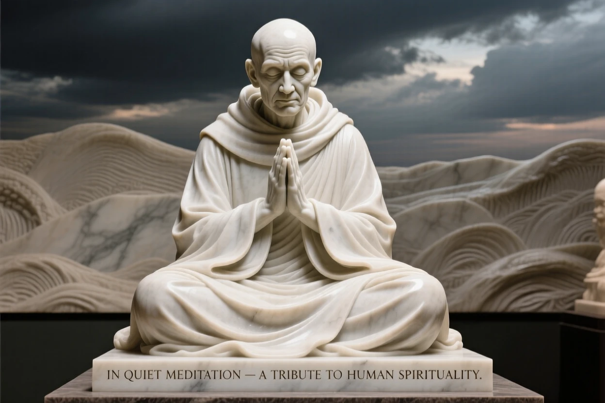 A tender portrait of a monk in quiet meditation, with hands clasped in prayer, silhouetted against a dramatic sky, evoking warmth and humanity