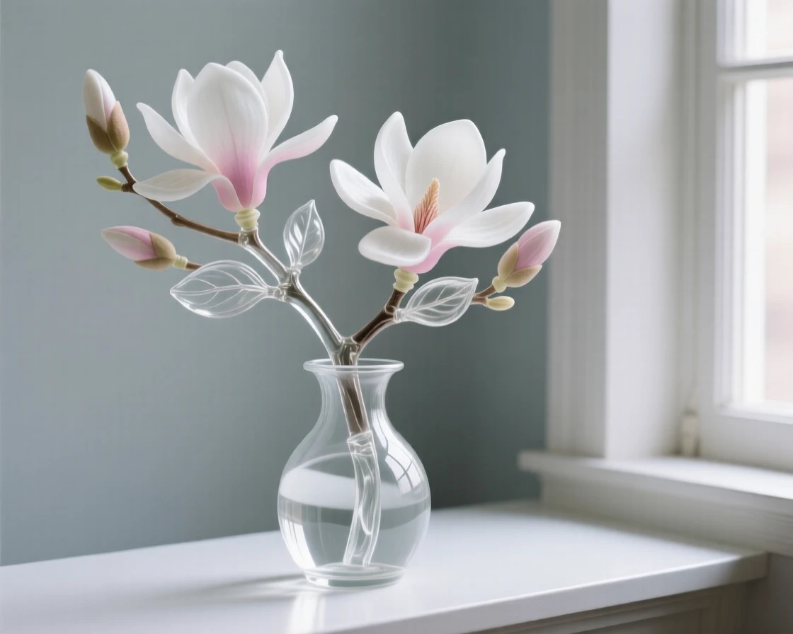 A magnolia branch with open blossoms arranged in an elegant vase on a windowsill, soft diffused light streaming in, creating a tranquil still-life mood.
