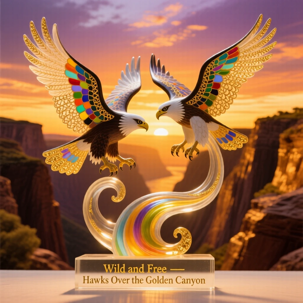 A pair of hawks circling high above a golden canyon at sunset, wild and free.