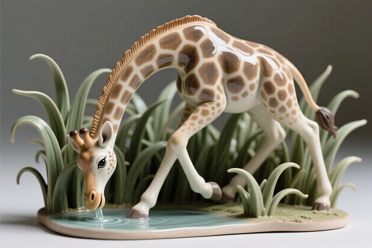 A giraffe bending its long neck to drink bounding joyfully through tall grass, with delicate whiskers catching the light, filling the scene with playful, heartwarming charm.
