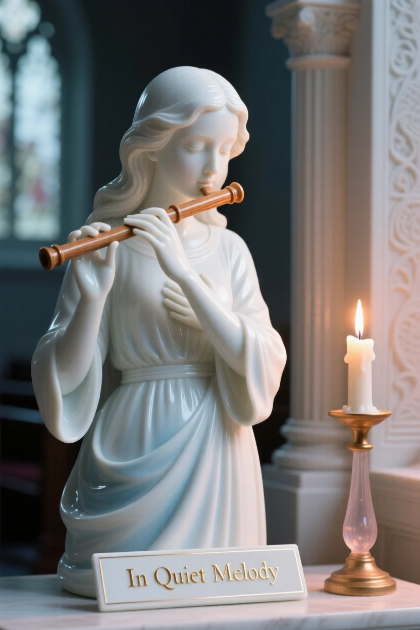 A youthful young woman playing a wooden flute, one hand resting gently over her heart, in a candlelit chapel.