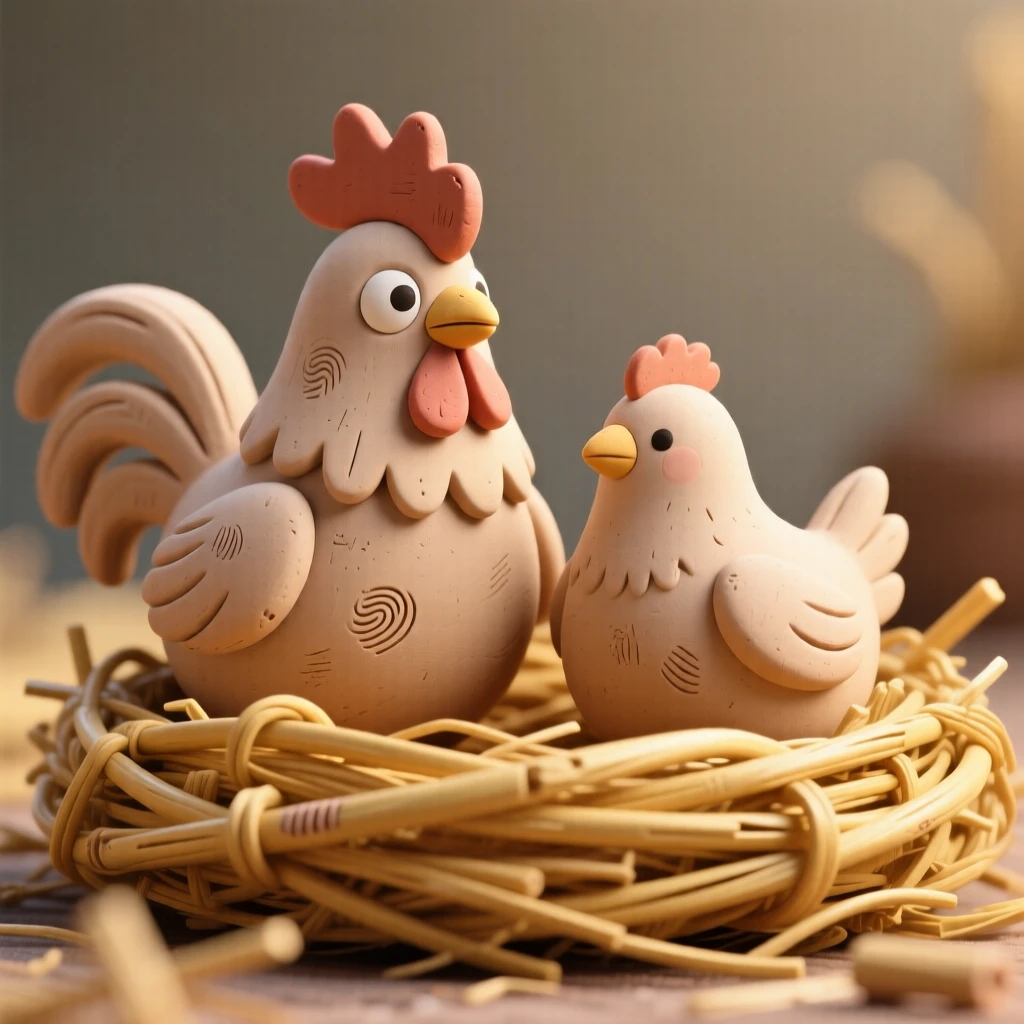 A rooster and hen sharing a nest of golden straw