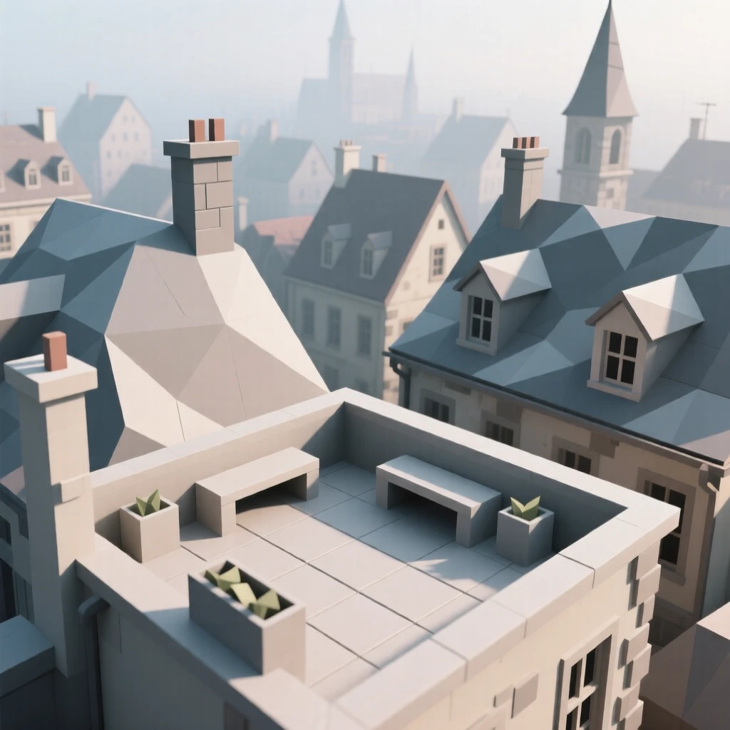 A vibrant rooftop terrace overlooking a historic old town, wrapped in early morning fog. the composition highlights layered rooftops and textures. The atmosphere is peaceful and inviting.