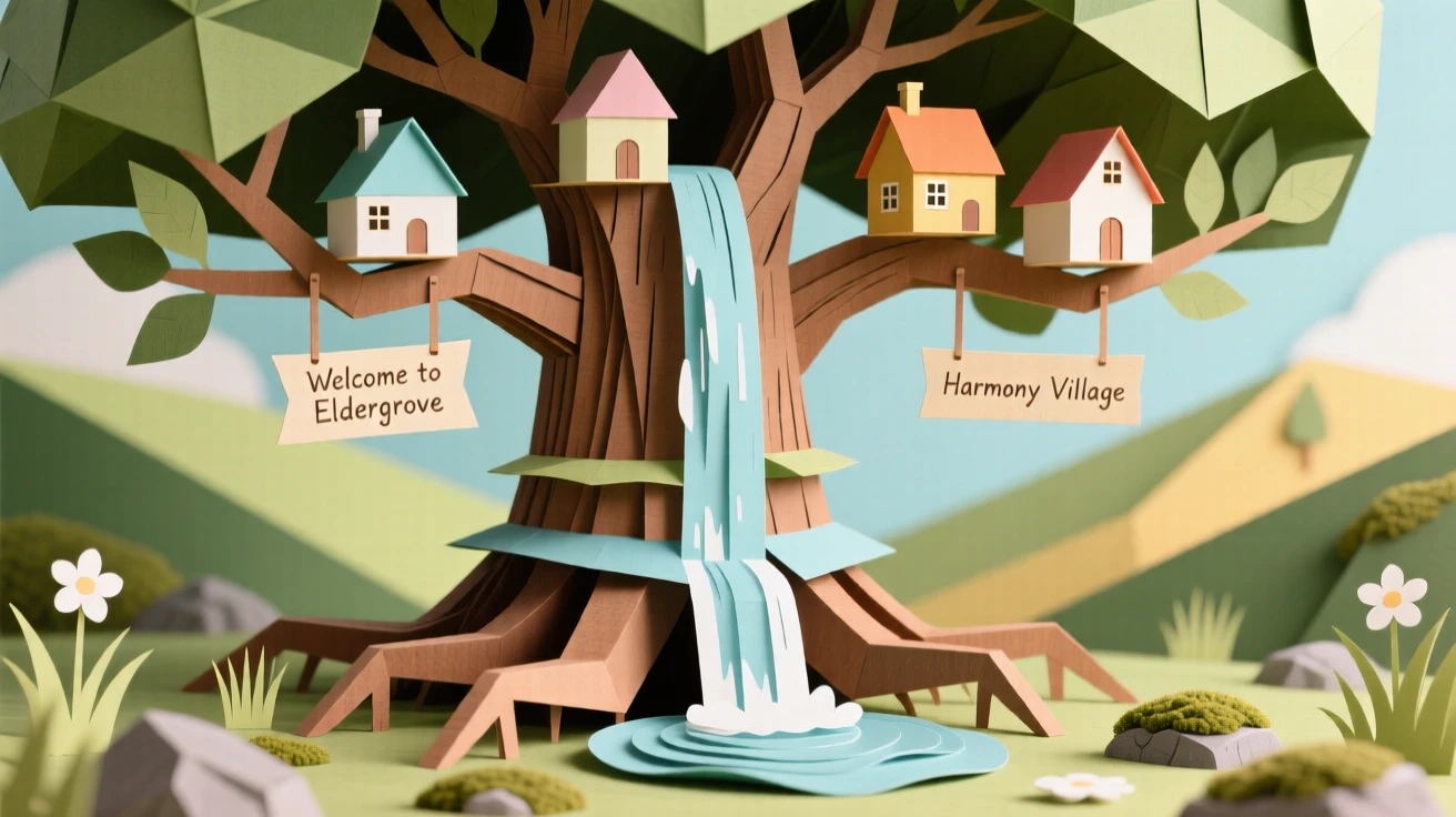 A colossal tree of life at the center of a magical valley, its branches cradling entire villages and waterfalls flowing from its trunk, capturing harmony between nature and magic.