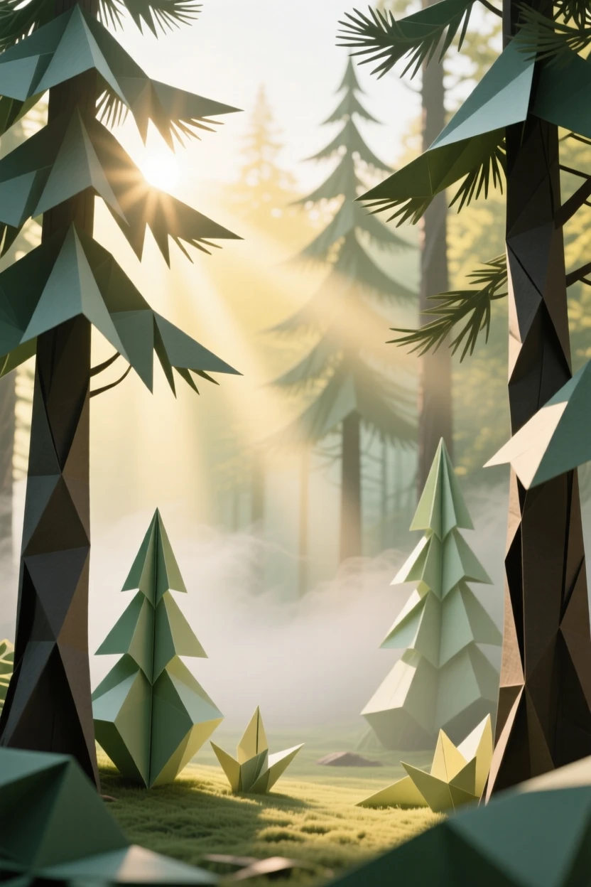 A quiet forest clearing bathed in early morning light, sunbeams cutting through mist between towering pine trunks.