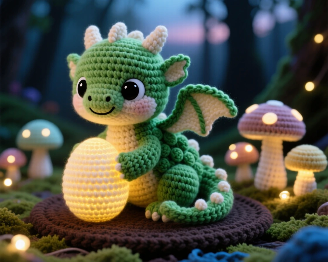 a tiny baby dragon, with small stubby wings and round emerald scales, curling its tail around a warm glowing egg, within a glowing mushroom forest at twilight, near a cluster of luminous mushrooms, radiating a cozy, storybook enchantment.