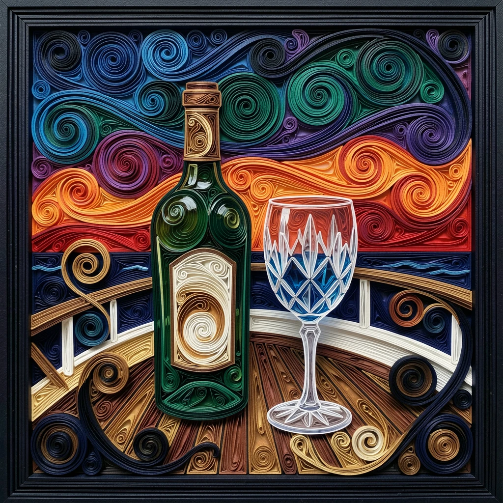 A sophisticated luxury scene of a bottle of vintage wine beside a crystal glass on the deck of a luxury yacht at sunset, in deep jewel tones of emerald and sapphire, framed with rich, deep shadows for contrast.