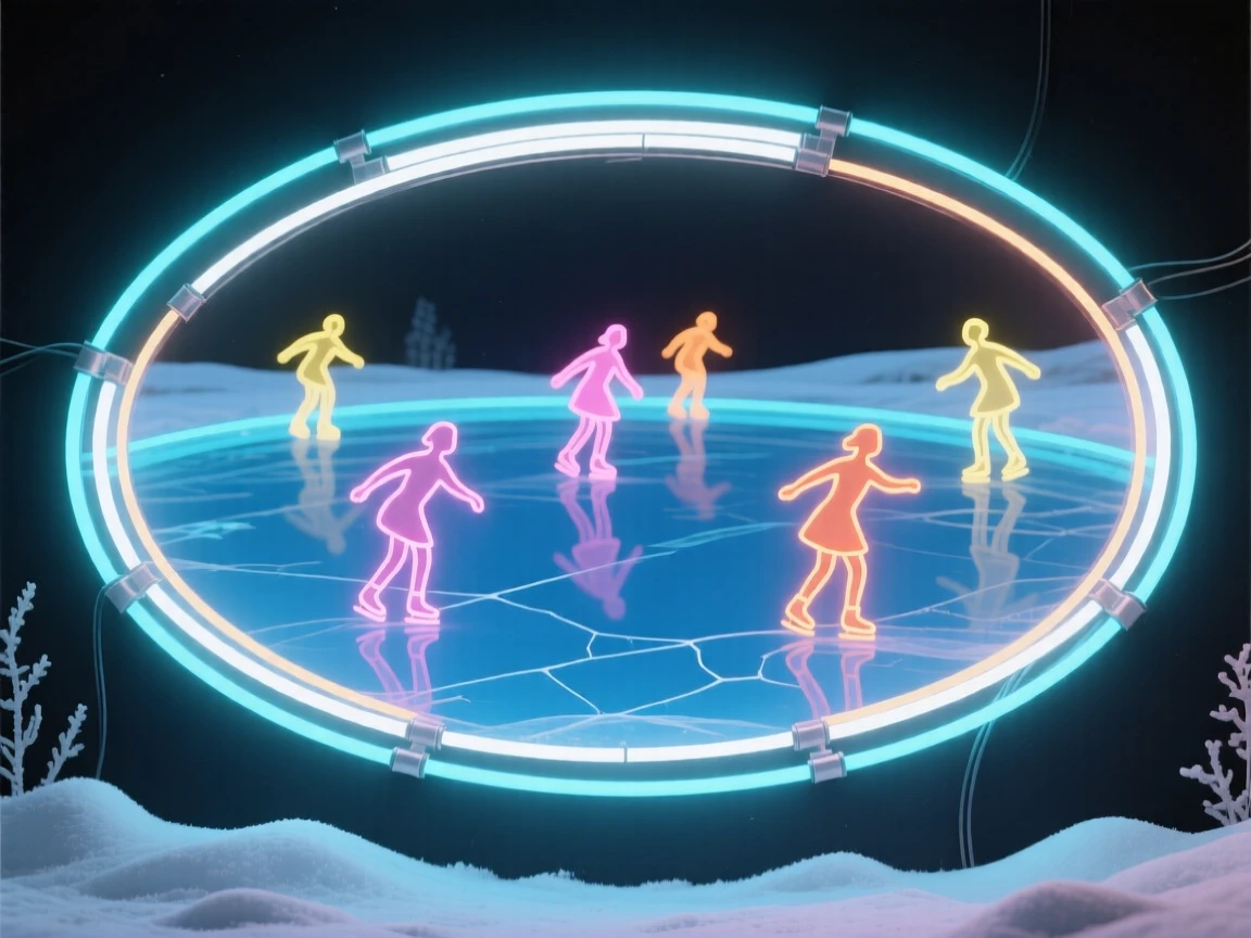 A frozen pond dotted with skaters on a crisp winter afternoon.