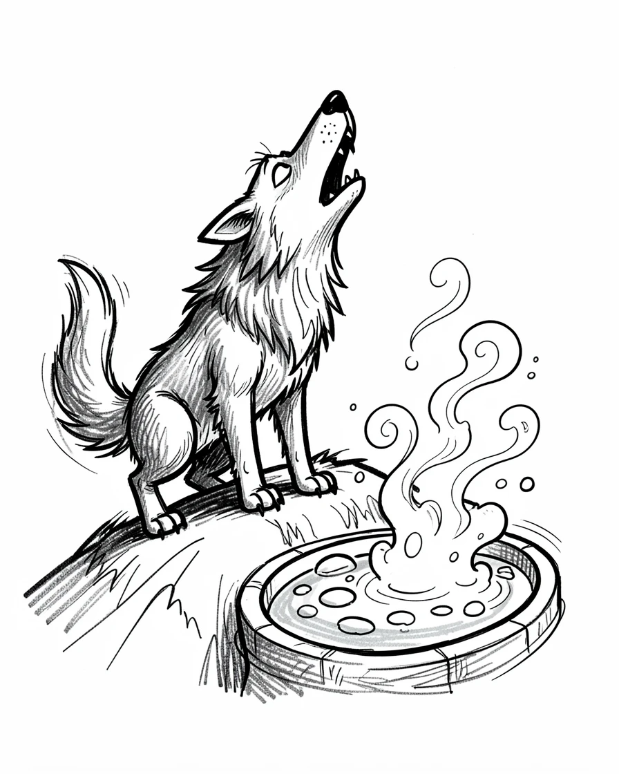 A wolf howling on a hilltop near a bubbling hot spring.