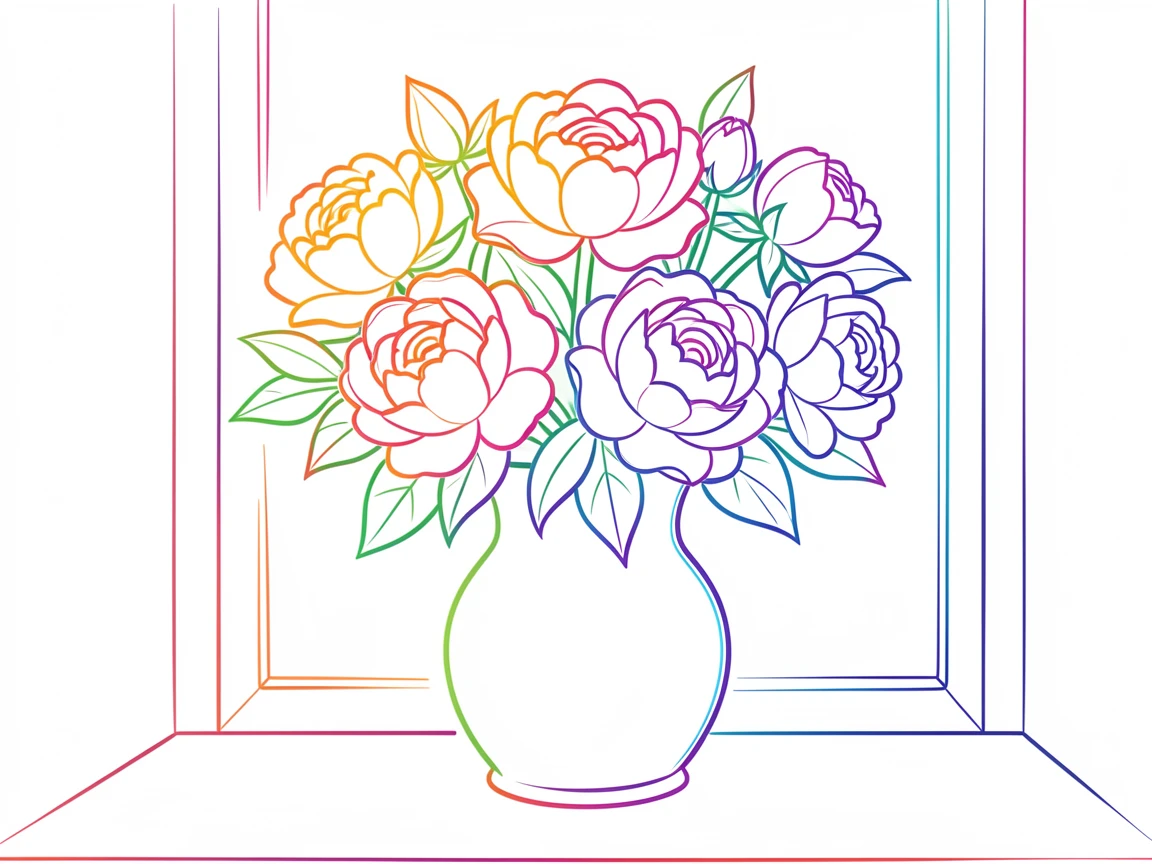 A bouquet of peonies and roses arranged in a ceramic vase on a windowsill.