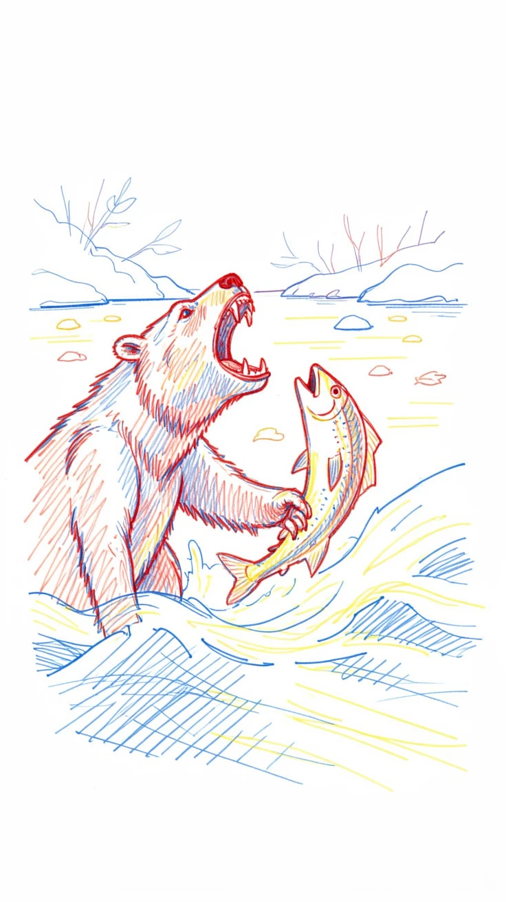 A grizzly bear catching a leaping salmon mid-air in a rushing river