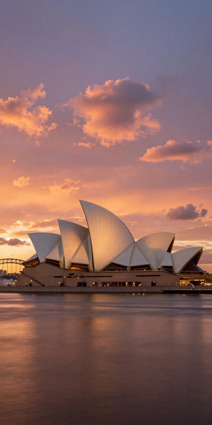 The Sydney Opera House glowing against a harbor sunset