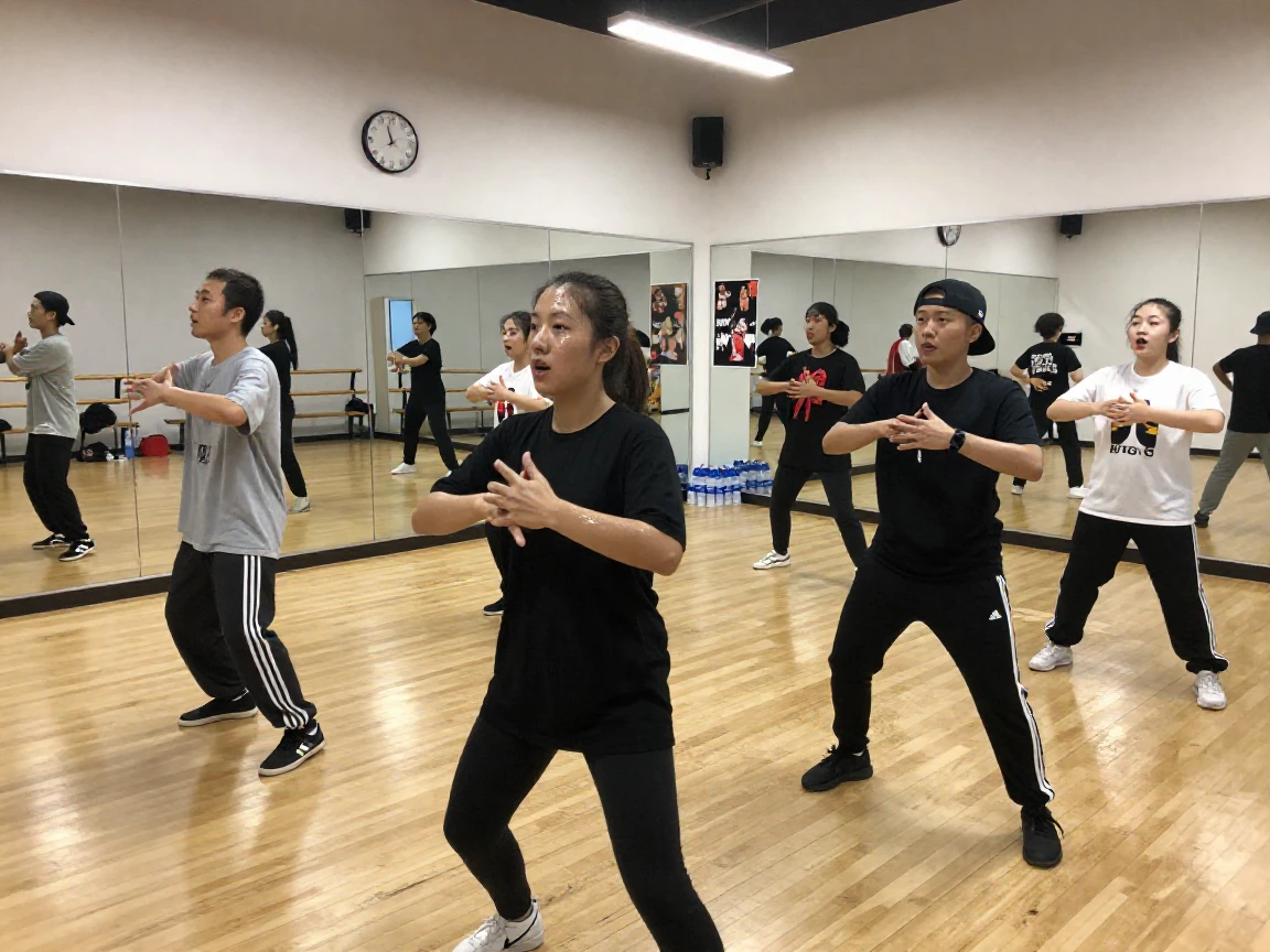 A hip hop crew rehearses a routine in a mirrored studio, counting beats aloud.