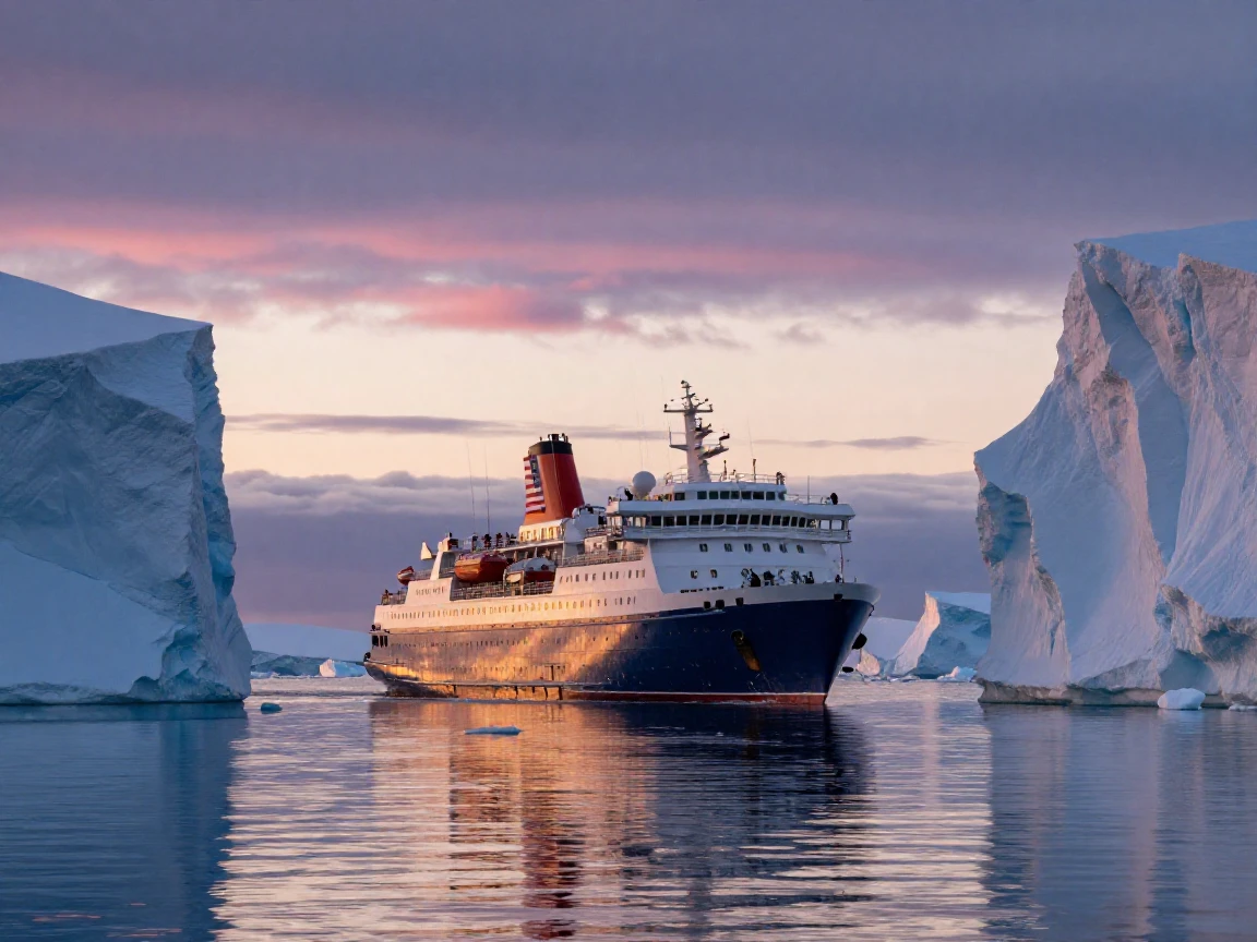 A cruise ship gliding past towering icebergs in an Antarctic channel