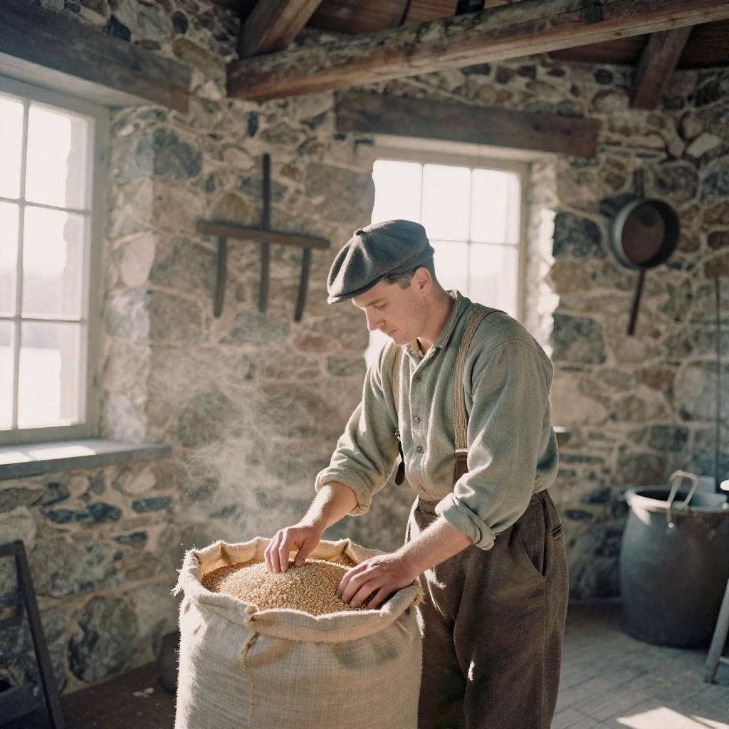 A miller checking grain inside an old stone windmill, under soft golden-hour light, in crisp, dry air, in the depths of winter, in soft muted pastels, viewed from across the room.