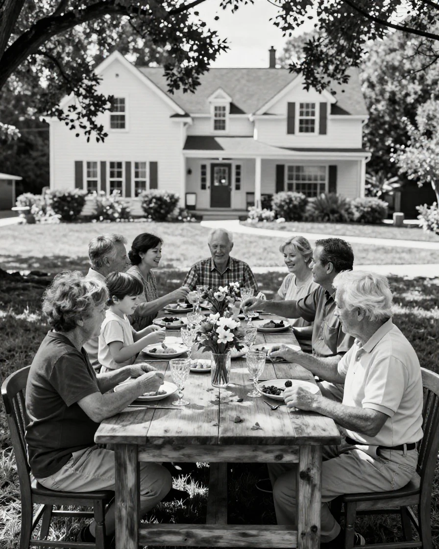 A family reunion gathers around a long outdoor table in a sprawling backyard.