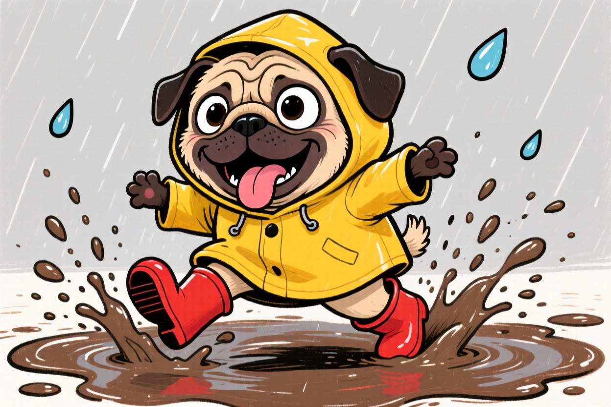 A goofy pug wearing a tiny raincoat and boots, splashing in a puddle.