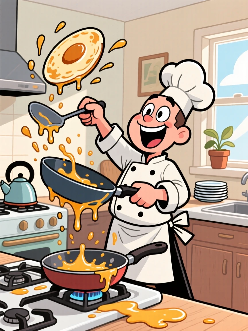 An everyday-life snapshot of a home chef flipping a pancake high into the air, batter dripping onto the stovetop.