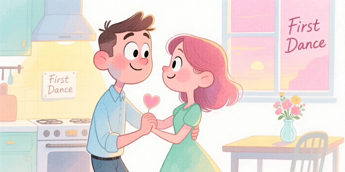 A couple on their first date slow dancing in a softly lit kitchen
