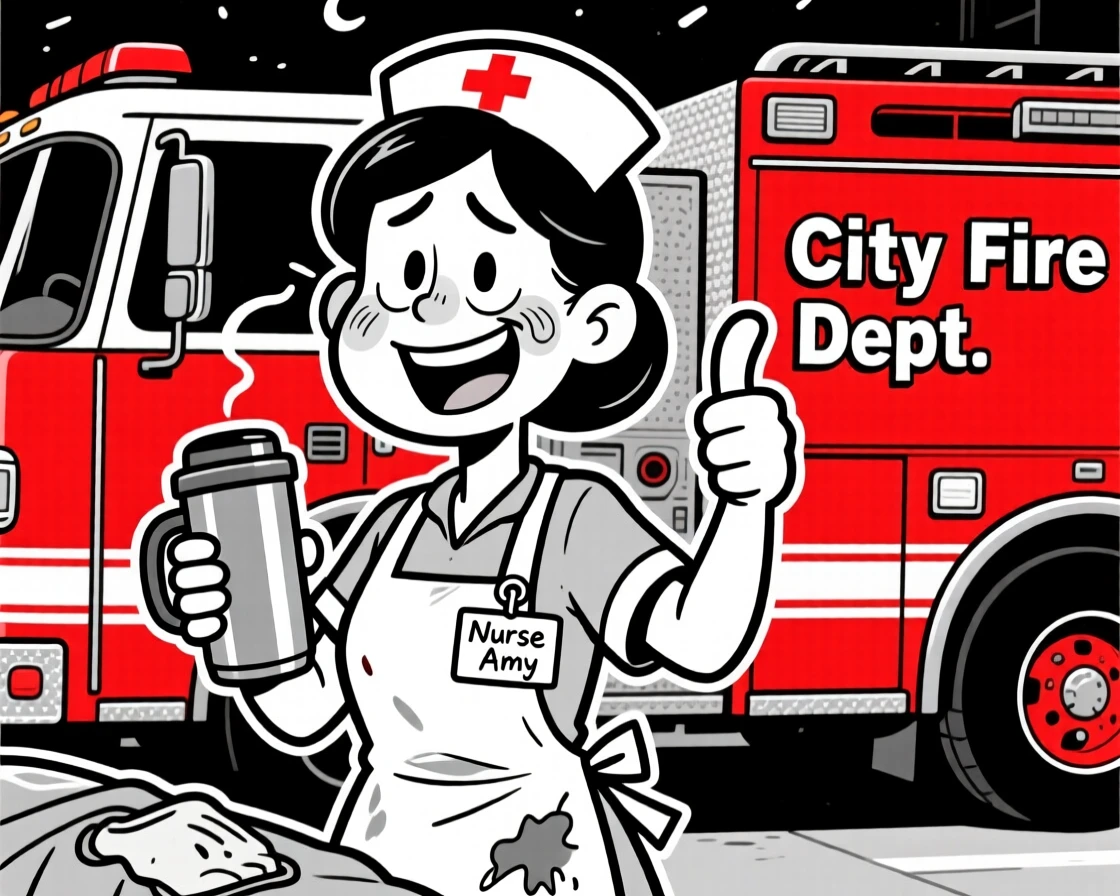 A weary night-shift nurse with a coffee thermos, giving a thumbs-up mid-operation, set in front of a bright red fire truck. A name tag hangs crookedly from a stained apron. It's a lighthearted tribute to a job well loved.