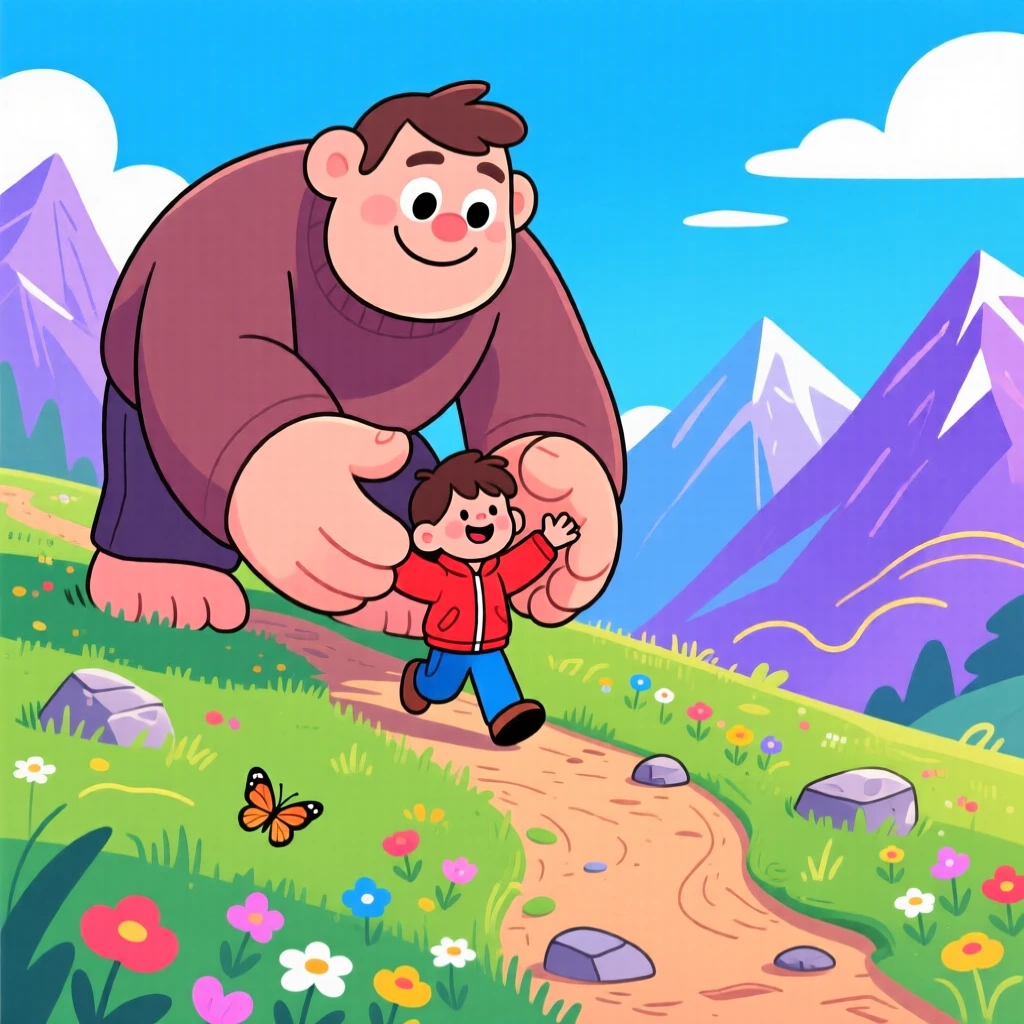 A giant gently placing a lost child back onto a mountain path.