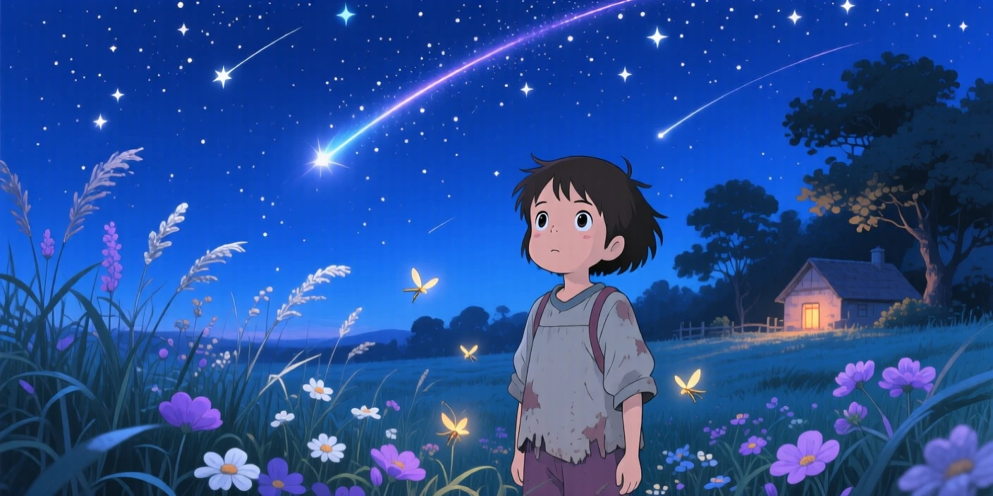 A nighttime scene of a child gazing up at a sky full of shooting stars, hushed and magical.