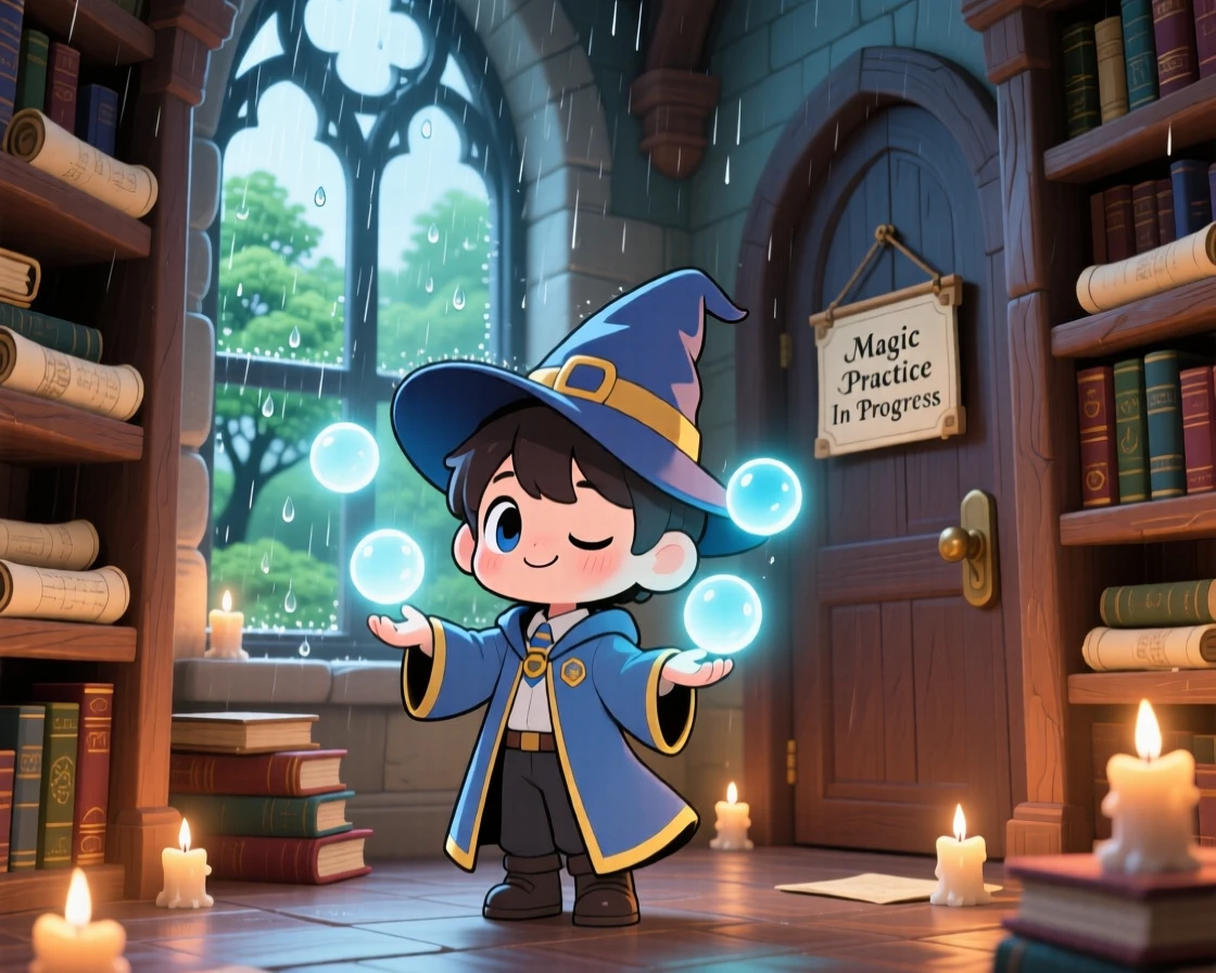 In a tower study filled with scrolls, a wizard apprentice is juggling glowing orbs of light during a gentle spring rain shower, bathed in gentle candlelight, expression full of peaceful calm. Shot as a dynamic diagonal composition.