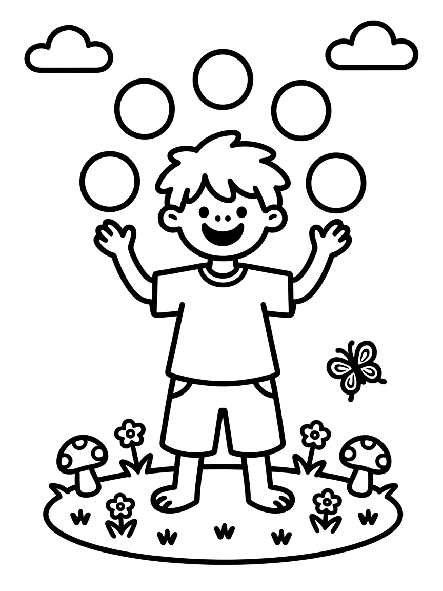 A friendly cyclops juggling colorful balls for children
