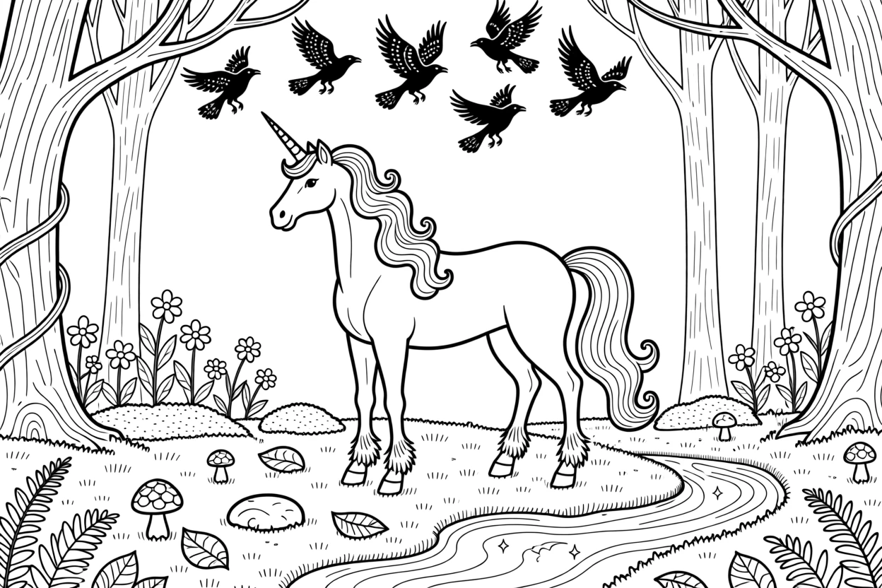 A majestic unicorn standing in an enchanted glade, with a flock of ravens scattering into the sky.