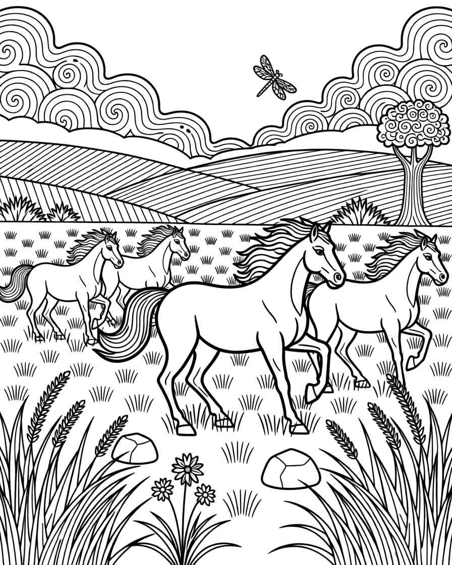 A herd of wild horses galloping across an open prairie.