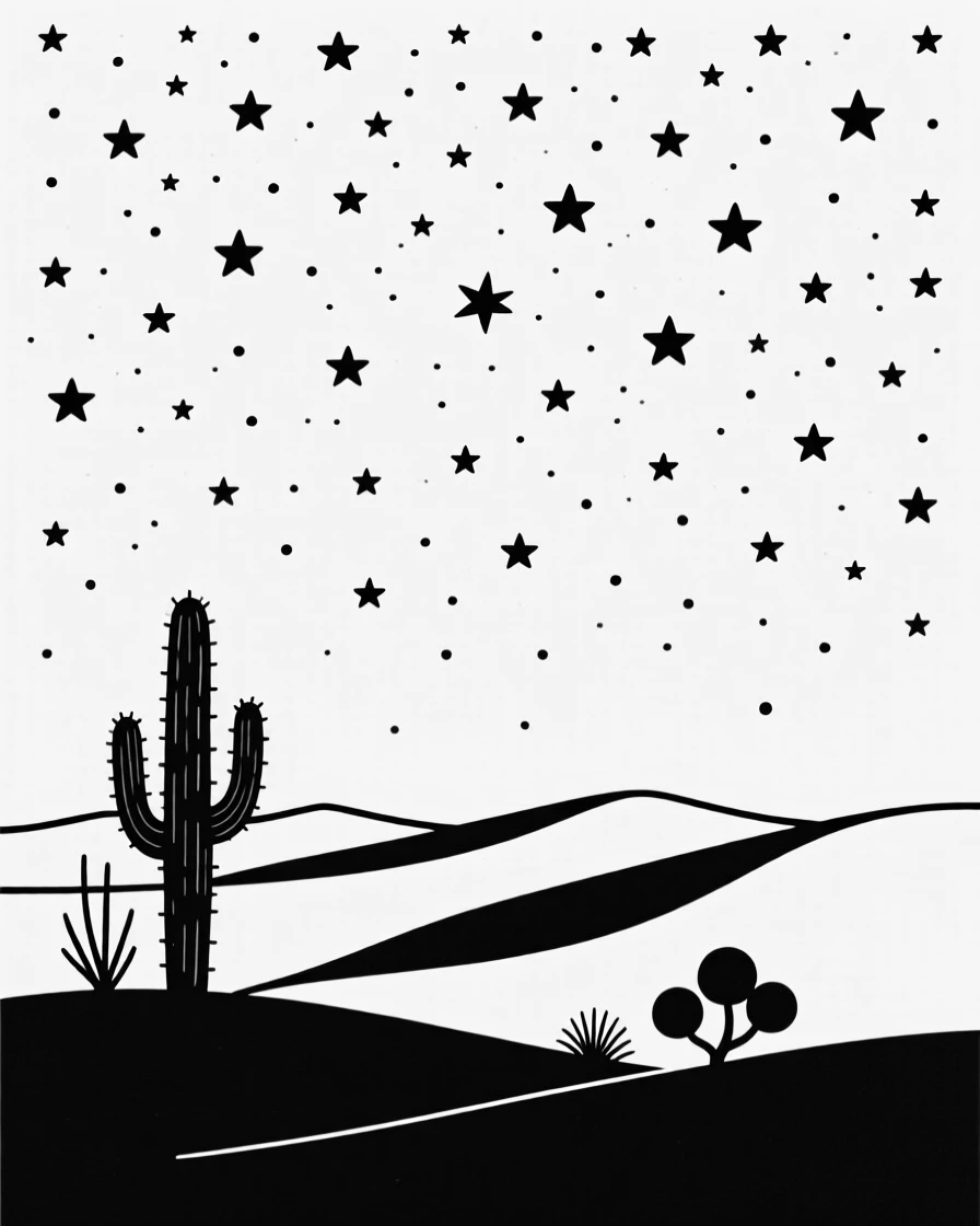 A star-filled night sky above a silhouetted desert landscape