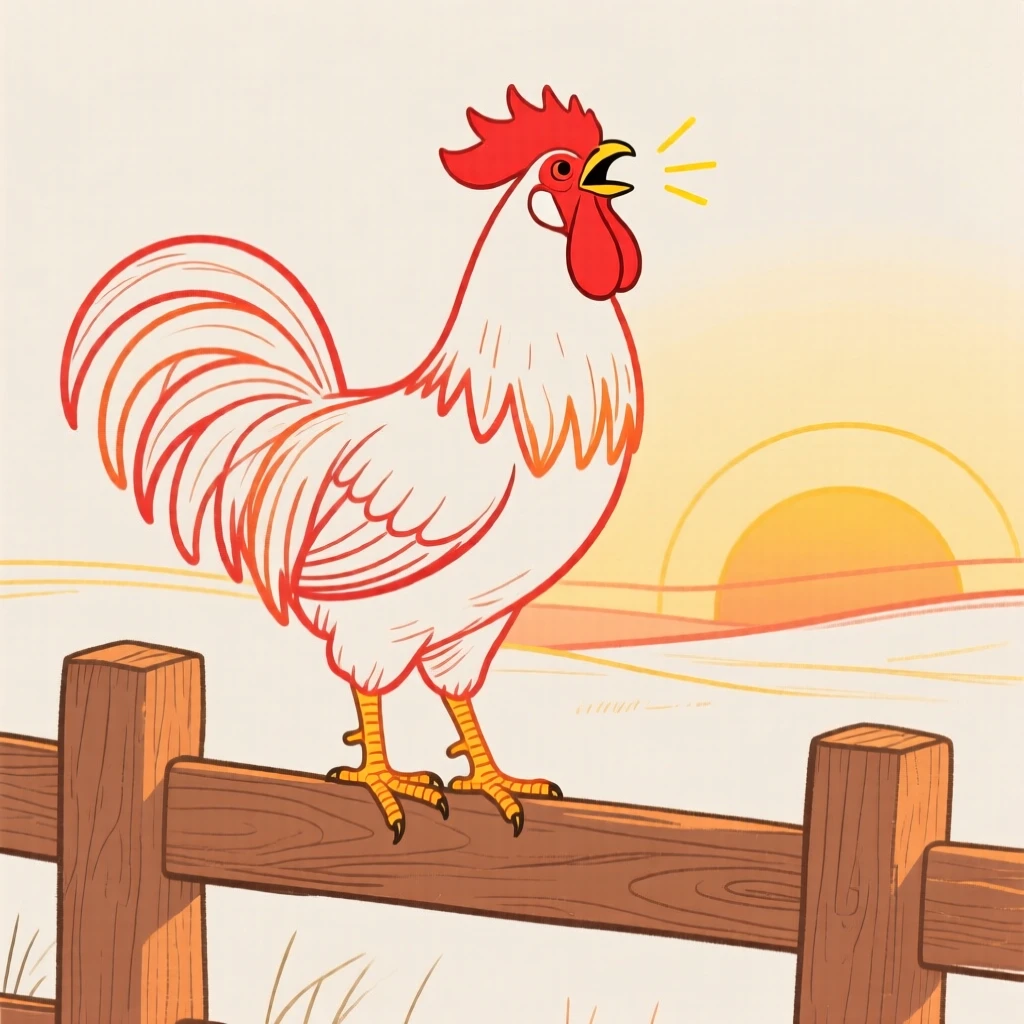 A rooster crowing atop a wooden fence at sunrise.