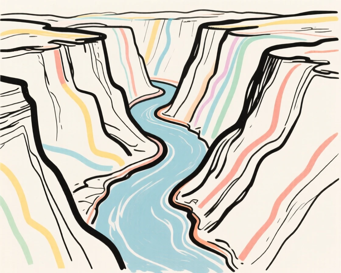 A dramatic canyon carved by a winding river far below.